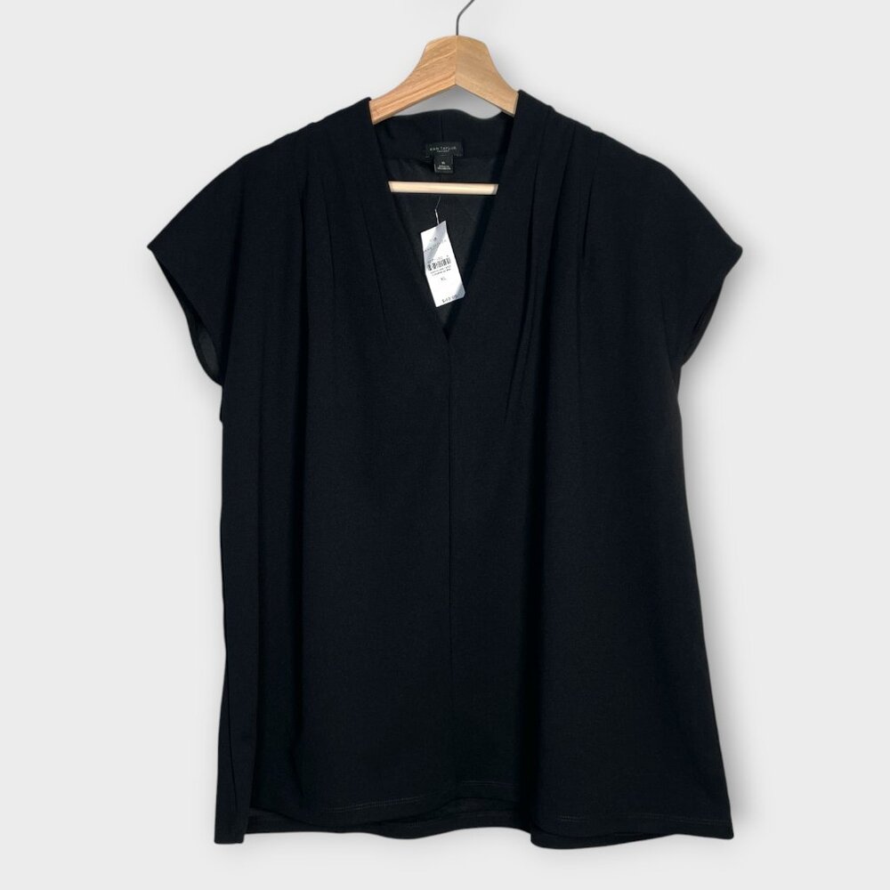 Ann Taylor Factory Popover Top XL Black V-neck NEW